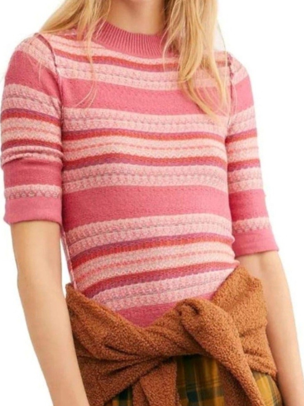 Intimately Free People Pink Striped Knit Sweater Body Suit Lotus Rose Size Large